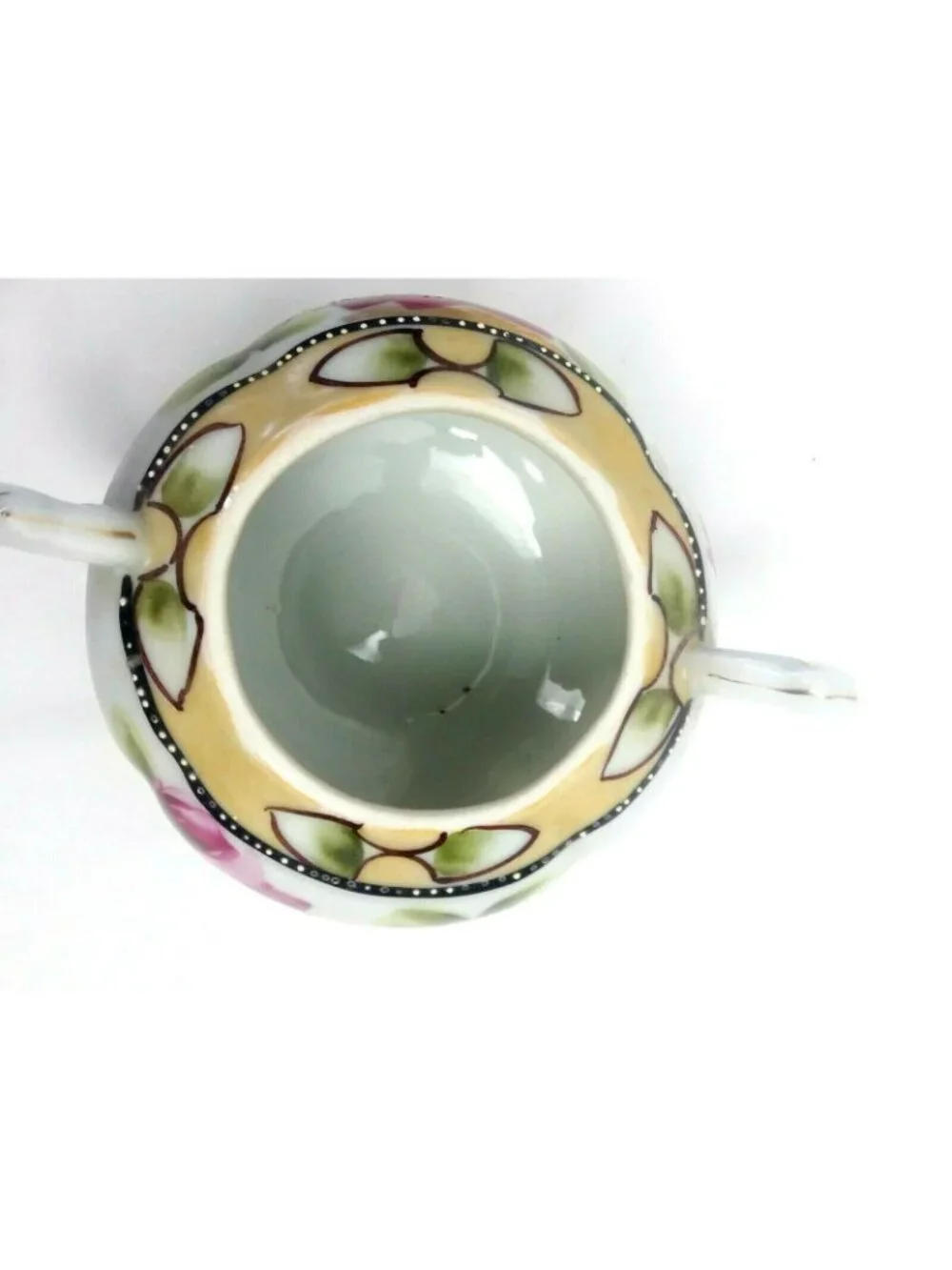 Japan Moriage Sugar Bowl lid Porcelain Double Handle Floral READ Flaw